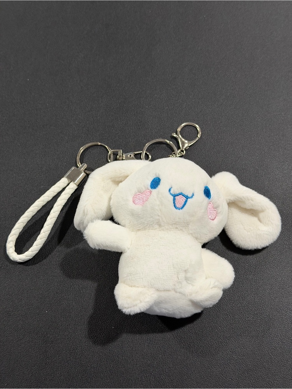 White Plush Bunny Keychain with Pink Cheeks and Blue Details - Picture 2 of 2